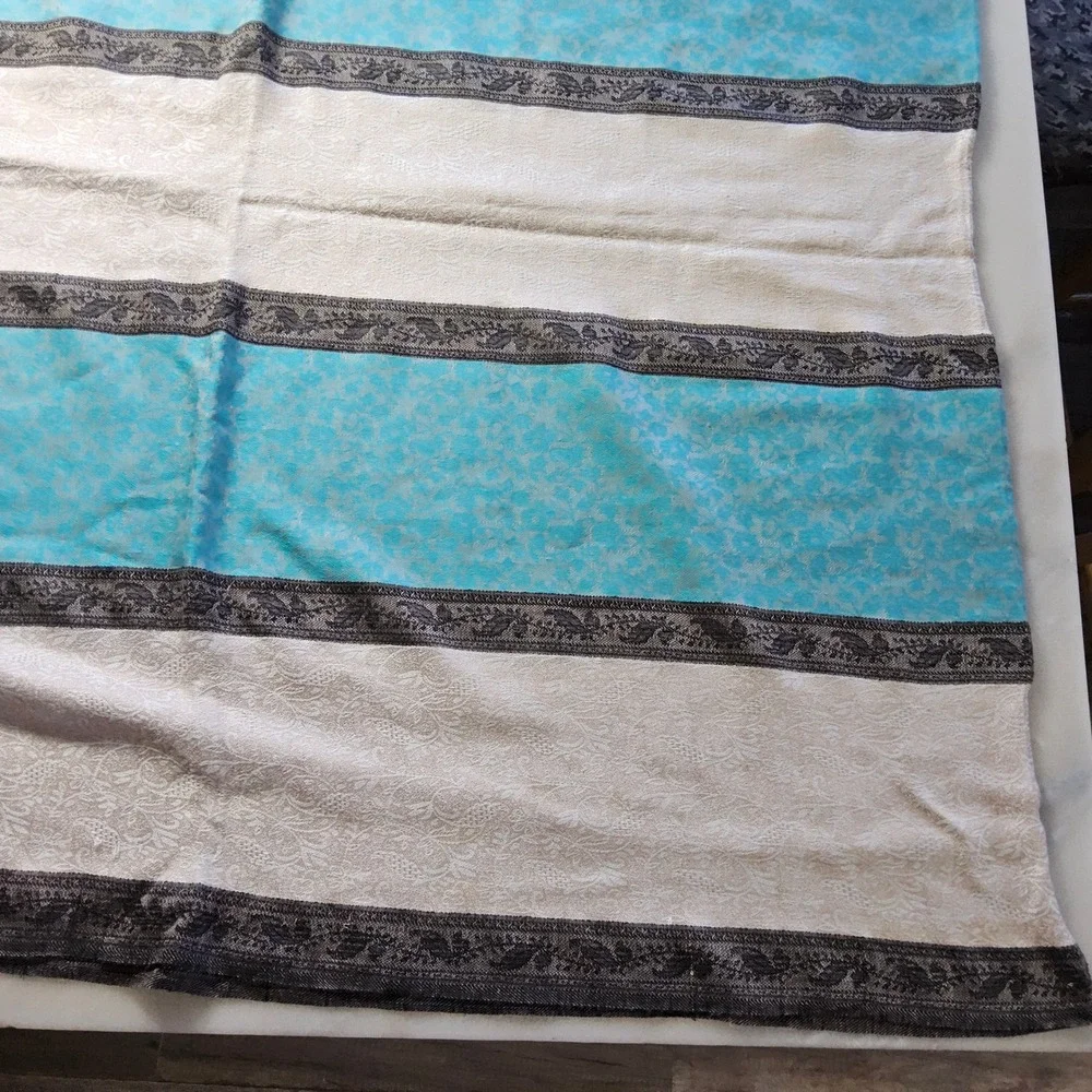 Striped Scarf‎ Wrap Shawl with Tassels - Beige, Blue, Black Accent